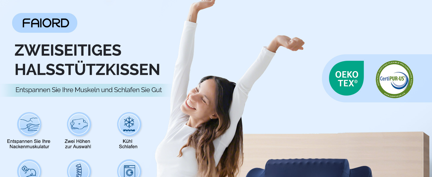 Подушка для шиї FAIORD, подушка з піною з пам'яті, ергономічна подушка для шиї, подушка для сну на боці, на спині та на животі (Темно-синій, 64 x 39 x 13 см)