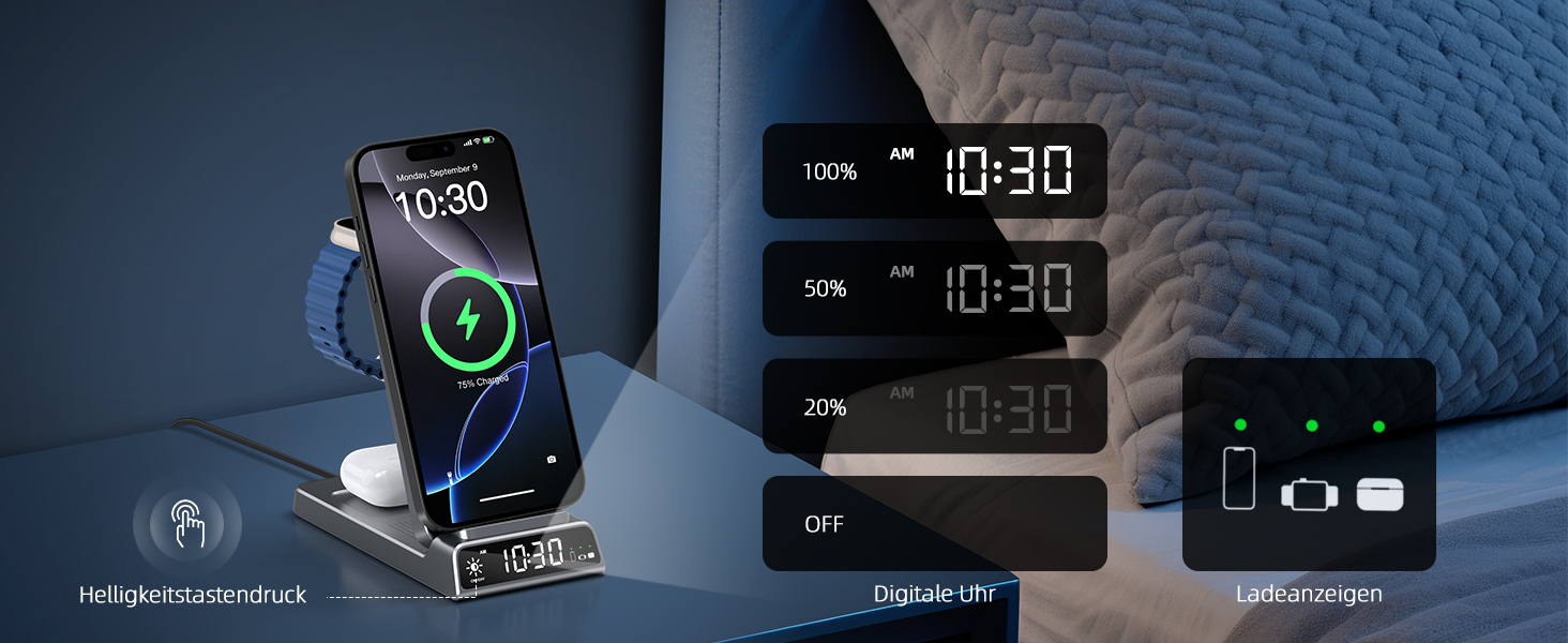 Зарядна станція 3-в-1 бездротова для iPhone, Apple Watch, AirPods, з годинником, для подорожей