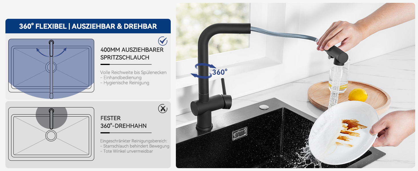 Кран кухонний CECIPA Hochdruck чорного кольору, висувна модель з душем, двома режимами струменя, поворотний на 360°, з нержавіючої сталі, ×207B (L-подібний, високий тиск)