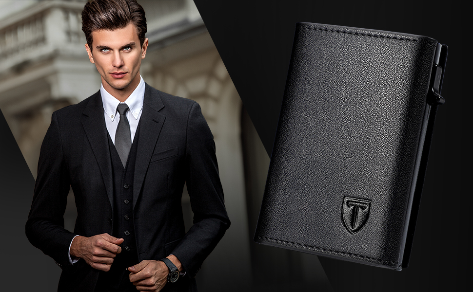 Чоловічий гаманець TENBST з RFID захистом, з відділенням для монет, з натуральної шкіри, 8 відділень для карток, сірий колір