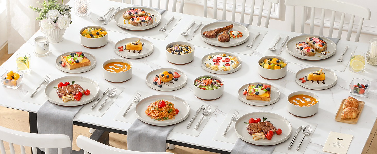 MALACASA Набір посуду з каменю 18 предметів для 6 осіб, керамічний сервіз з глазур'ю Сезам, набір тарілок та мисок, білий з коричневою основою, білий