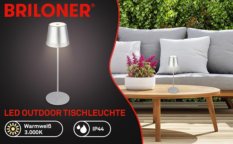 Світлодіодна настільна лампа Briloner бездротова з сенсорним керуванням, димуванням, регулюванням висоти, нічна лампа, лампа для читання, кемпінгова, 38x12 см, хромована матова