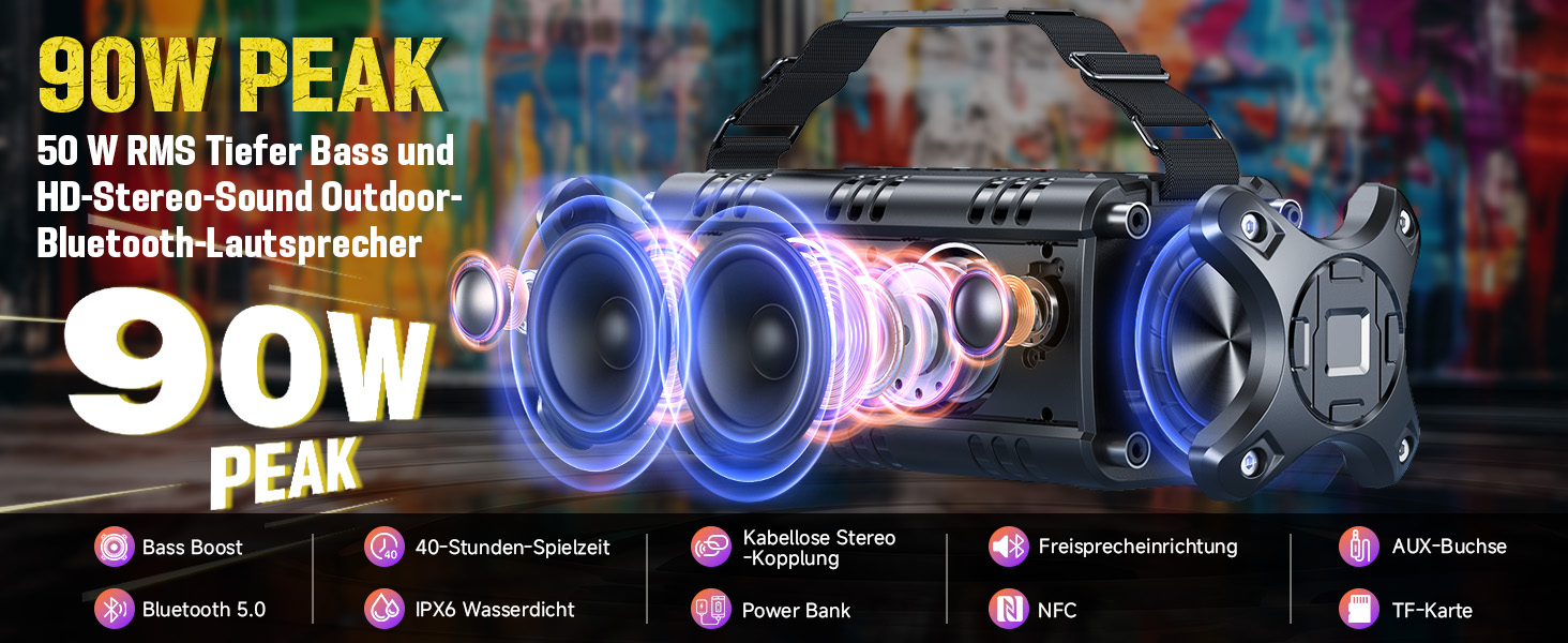 W-KING Портативна Bluetooth Колонка 90W з Глибоким Басом, DSP, 40 годин акумулятора та IPX6 Захистом від Води. Підтримка Powerbank, EQ, AUX та TF-карта. Чорний Колір. Ідеально для кемпінгу, пляжу та саду.