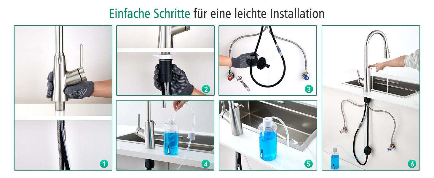 Кран кухонний CREA Wasserfall висувний з дозатором мила, нержавіюча сталь, 360° оберт, 4 режими, хром