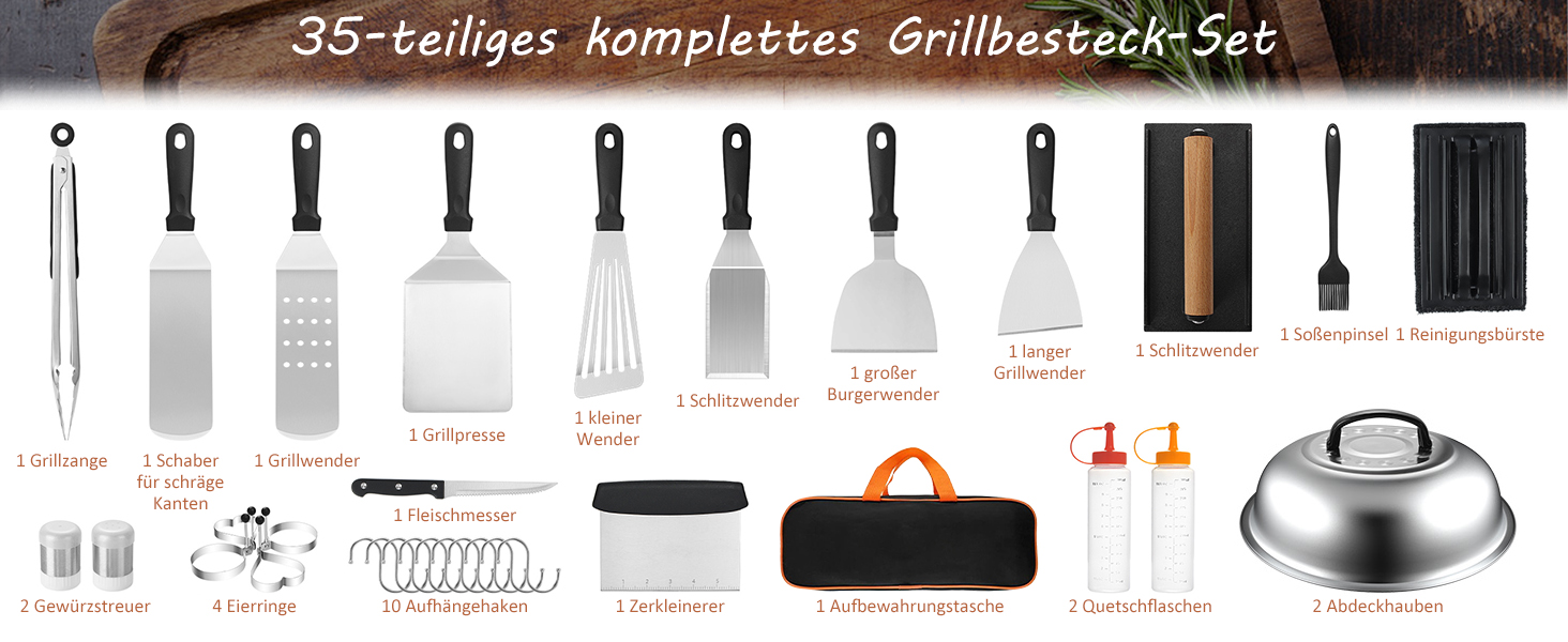 Набір шпателів для грилю з нержавіючої сталі (35 шт.) - набір для тепаньякі, сет для смаш-бургерів, з пресом для бургерів та аксесуарами для планчі, для грилю, пікніка, кемпінгу