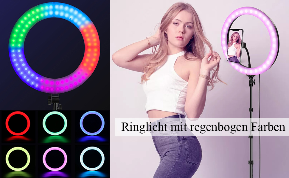 Кільцева лампа Ringlicht з штативом для телефону, 10 дюймів, 3 денне світло + 47 RGB режимів, регульована яскравість, 160 см, для YouTube, селфі, макіяжу, TikTok