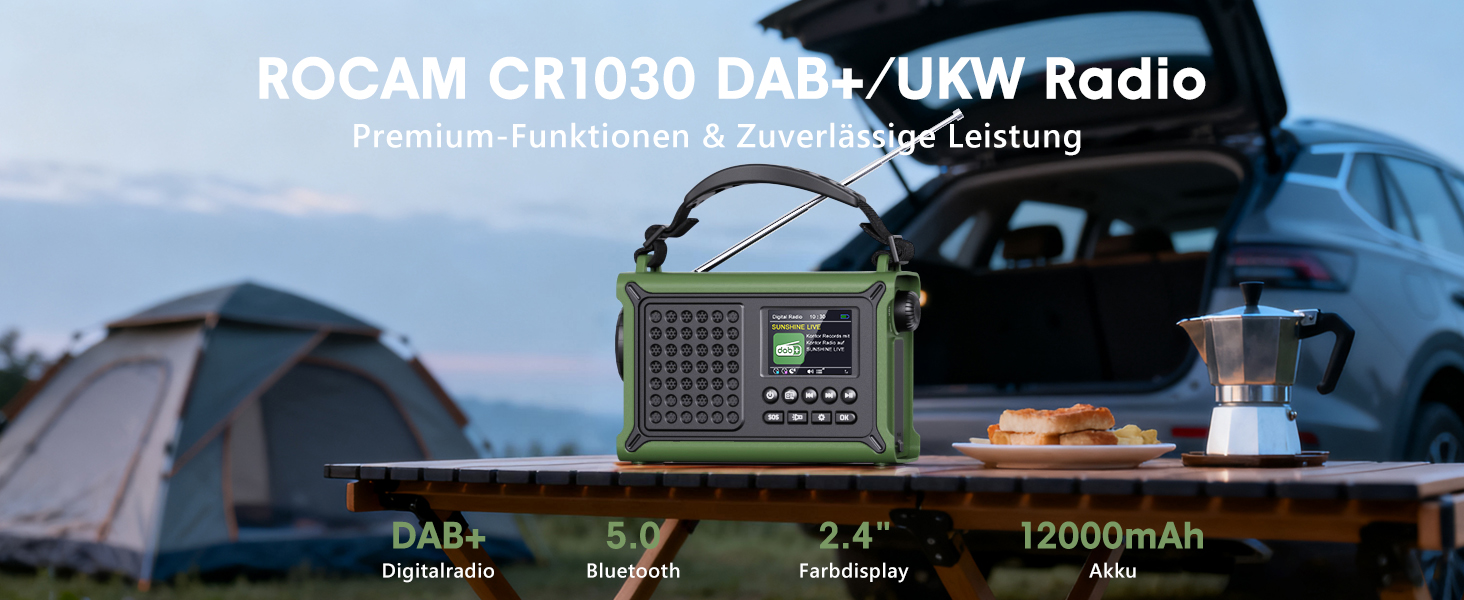 ROCAM Портативне радіо DAB+ з Bluetooth, 12000mAh, радіо з ручкою, сонячна панель 8500мм², 650mA, DAB/UKW, 2.4' дисплей, 80 станцій, LED ліхтарик, USB, SOS, IPX6, для надзвичайних ситуацій, зелене