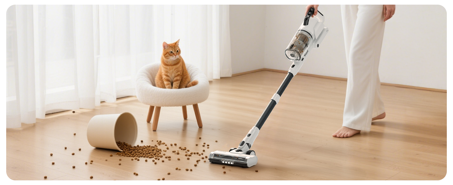 Бездротовий пилосос Klarpul 4800Pa з LED-дисплеєм та антизаплутувальною насадкою, 65 хвилин роботи, швидка зарядка 2 години, для твердих поверхонь та килимів, срібний