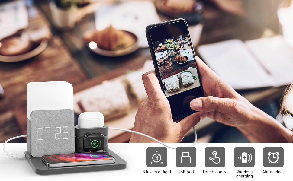 Бездротовий зарядний пристрій COLSUR 3 в 1: зарядка, нічник, будильник. Підтримка iPhone 16/15/14/13/12/11/X/8 Pro Max/Mini/Plus (Сірий)