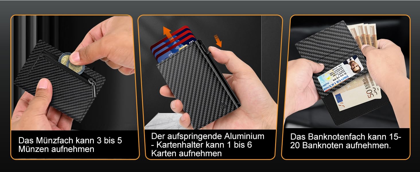 Чоловіче картхолдер/портмоне: тонкий дизайн, RFID захист, відділення для монет, віконце для ID, карбоновий чорний колір