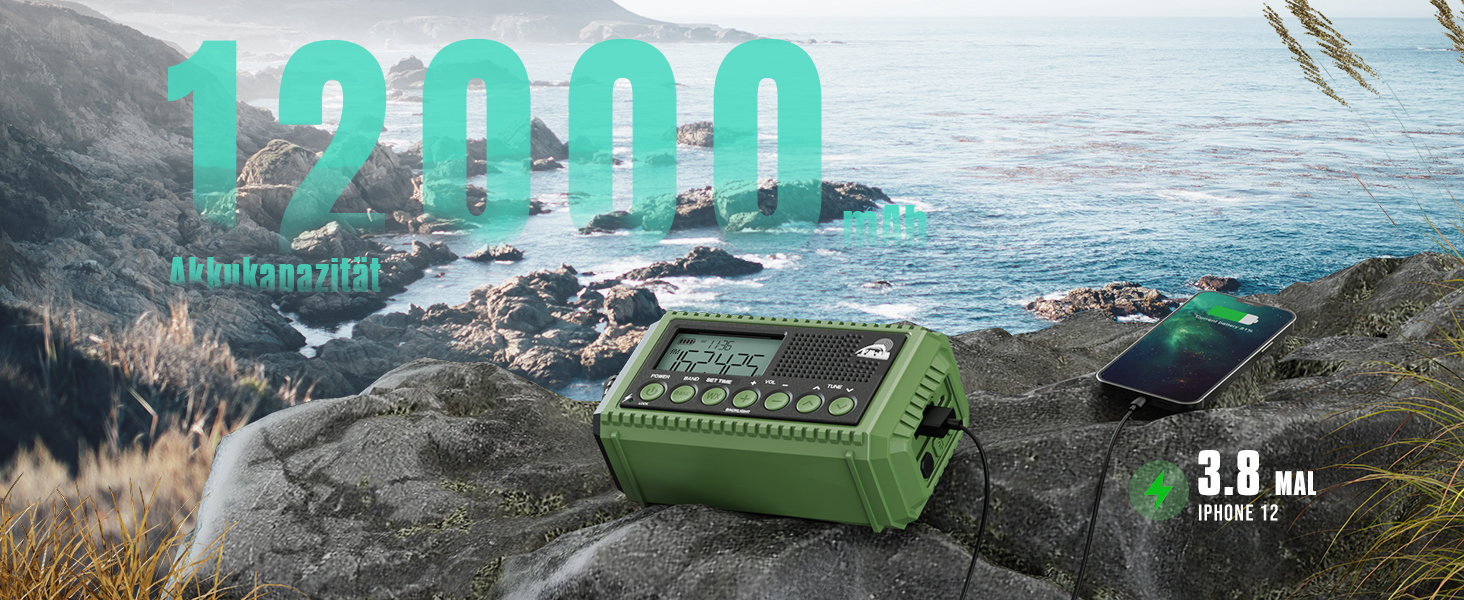 Радіо на батареї 12000mAh | Радіо з ручкою та сонячною панеллю | AM/FM/SW, SOS, USB-C | Водонепроникне IPX4, ліхтарик, для кемпінгу та відпочинку на природі