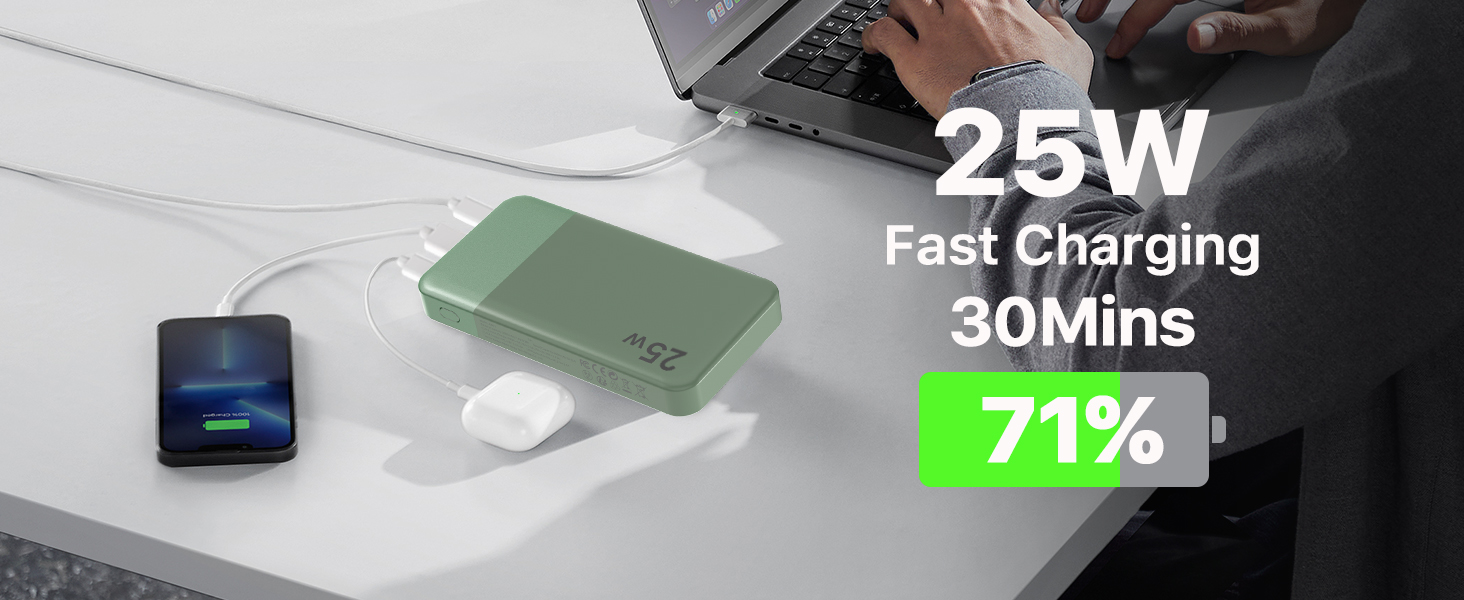 Power Bank Nobis 10000mAh 25W з USB-C кабелем, цифровою індикацією, зелений