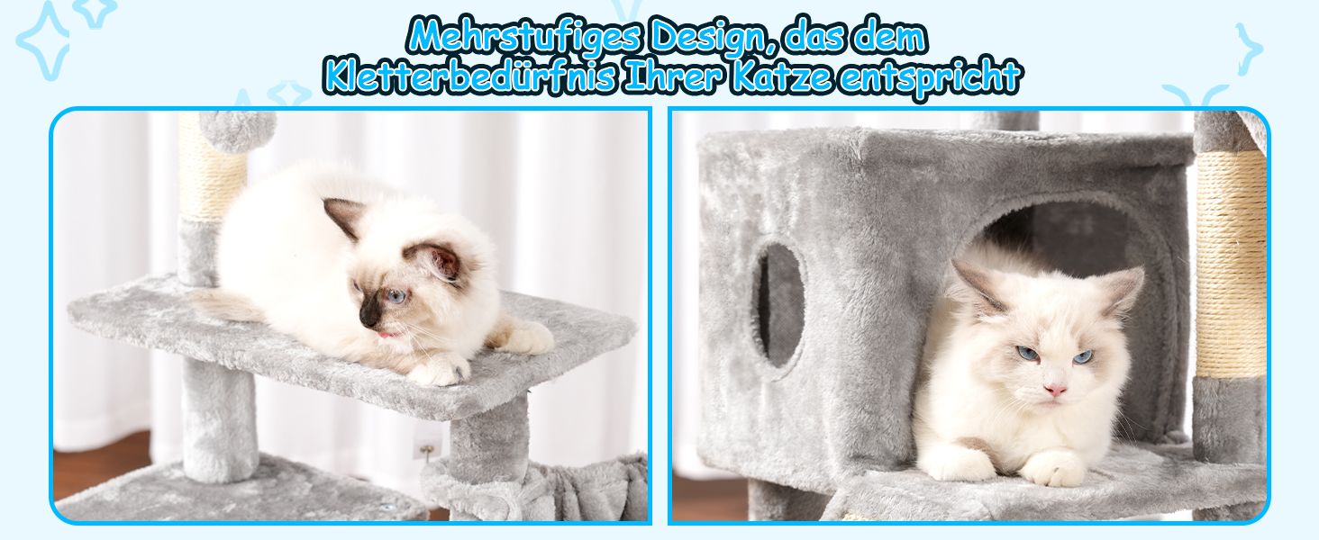 Котячий будиночок Hey-brother Kratzbaum 108 см, багатоярусний котячий комплекс з когтеточками, рампою, гніздечком та іграшками, сірий MPJ007SW