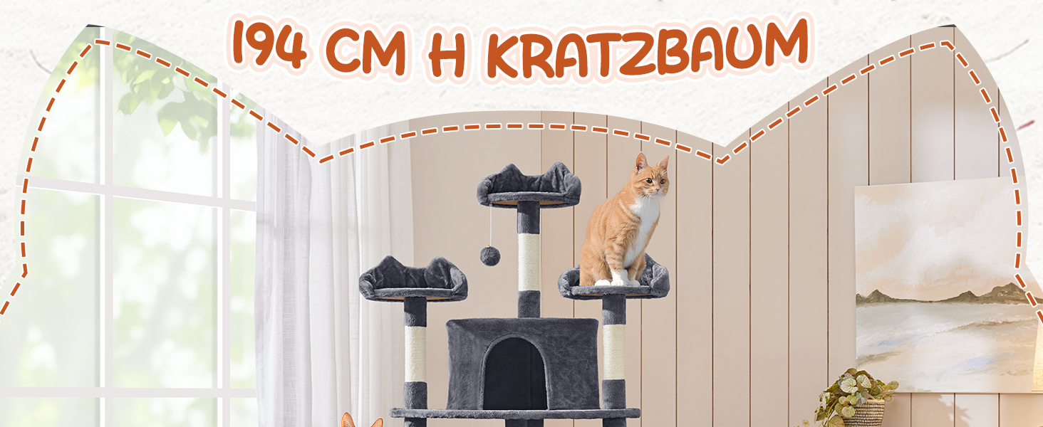 Кігтеточка для котів Yaheetech XXL, 194 см, сірого кольору, з плюшем та сизалевим мотузком