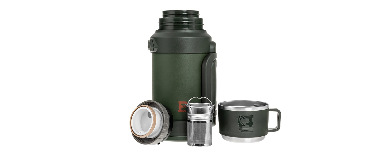 Термос Badger Outdoor Big Boy 1.3L з нержавіючої сталі з ситом для чаю | Вакуумна ізоляція, система One Touch, 24 години збереження тепла, ремінь, оливковий зелений