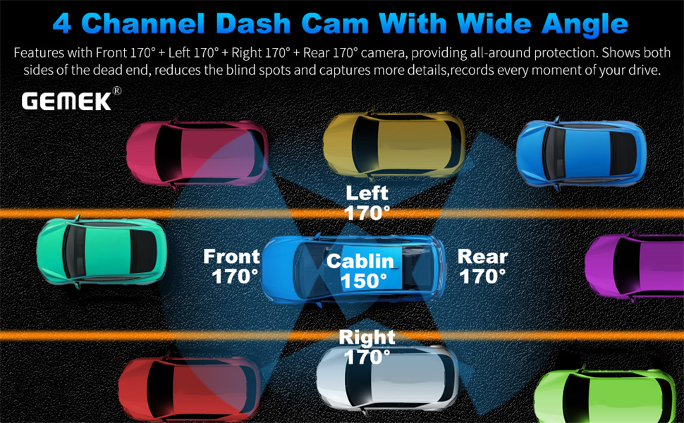 Автомобільний відеореєстратор GEMEK 4K/2K 360° огляду, 4-канальна Dashcam (передня, задня, ліва та права камери), 5G Wi-Fi, керування через додаток, G-сенсор, нічна зйомка, 3.16