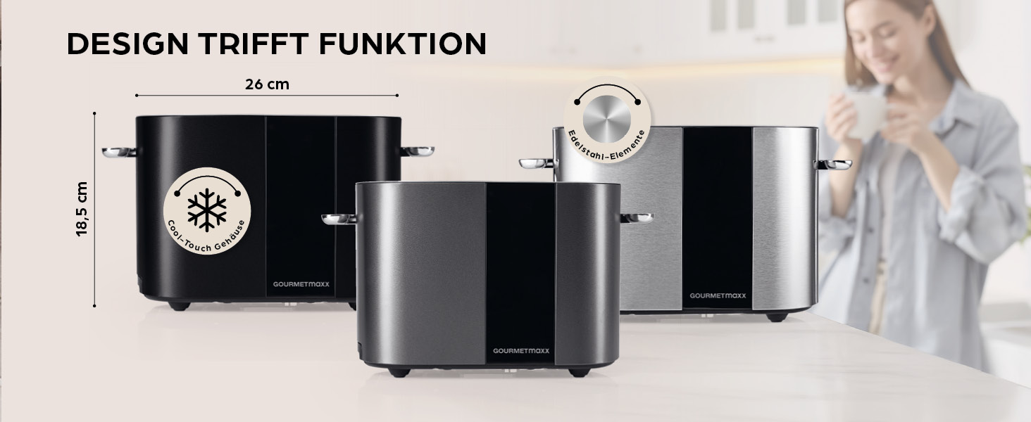 Тостер GOURMETmaxx Kurzschlitz для 2 тостів | Антрацитовий колір, 6 рівнів підсмажування, таймер, підставка для бургерів, функція підігріву | Електричний тостер з сенсорним дисплеєм