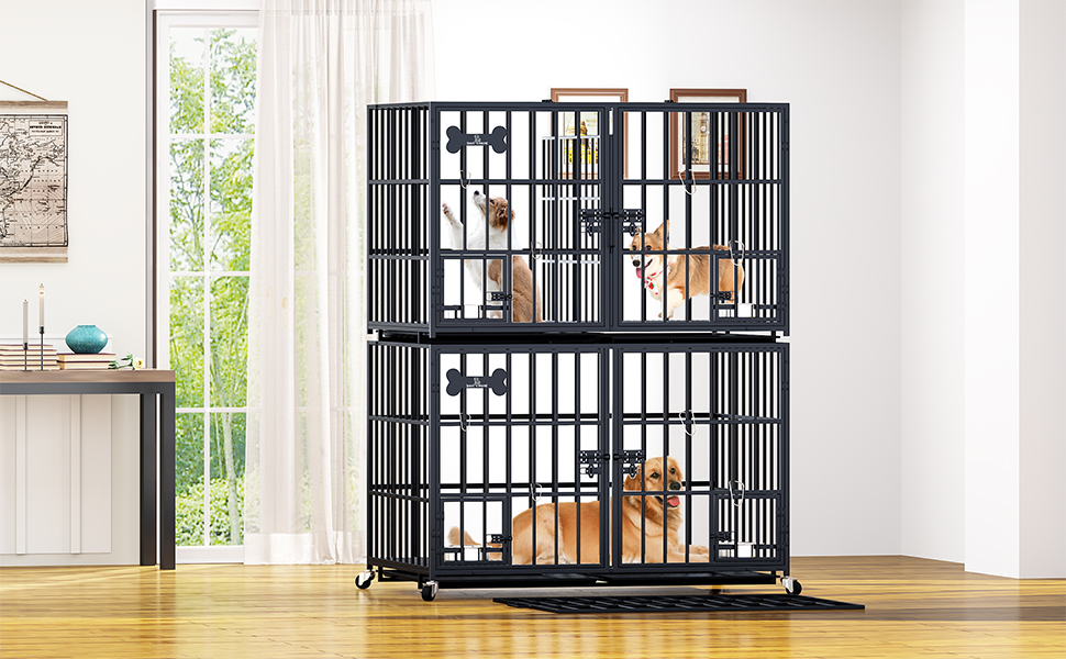 Клітка для собак, переноска для собак з піддоном, клітка-роздільник, клітка-ґратка з 2 дверцятами та піддоном, подвійна клітка 2 в 1 для великих та середніх собак, 107 x 73 x 69 см, чорний L