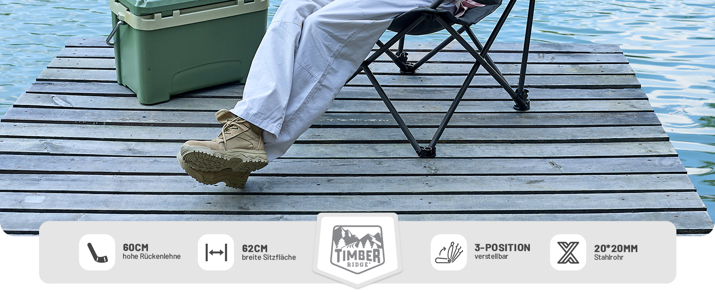 Кемпінговий стілець Timber Ridge складаний, до 180 кг, з регурованою спинкою (3 положення), підлокотниками, тримачем для напоїв та бічною кишенею, ширина сидіння 62 см