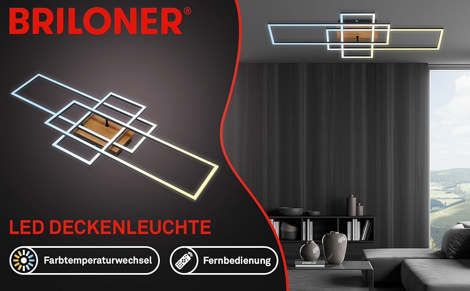 BRILONER LED стельова лампа з пультом, диммована, регульована від теплого до нейтрального білого, для вітальні, спальні, кухні, чорна, 104x42 см