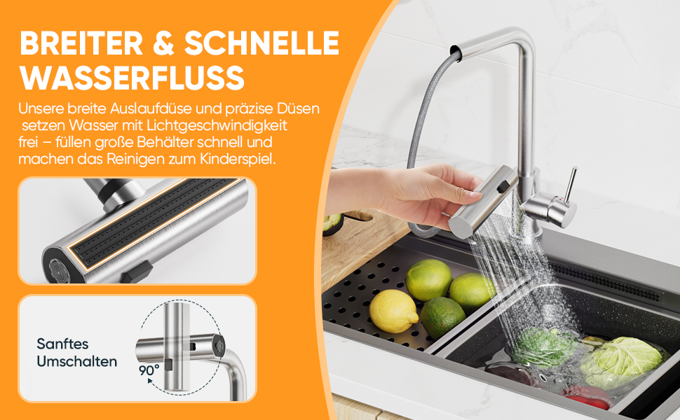 Кухонний змішувач BESy з 3 режимами струменя, висувна лійка, водоспад, поворотний на 360°, з нержавіючої сталі SUS304, для кухні