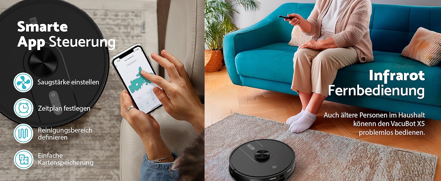 Робот-пилосос Aeco X5 VacuBot з функцією миття підлоги. Потужність всмоктування 5000Pa, лазерна навігація, час роботи до 160 хвилин, керування через додаток та пультом. Ідеально для шерсті тварин, килимів та твердих підлог.