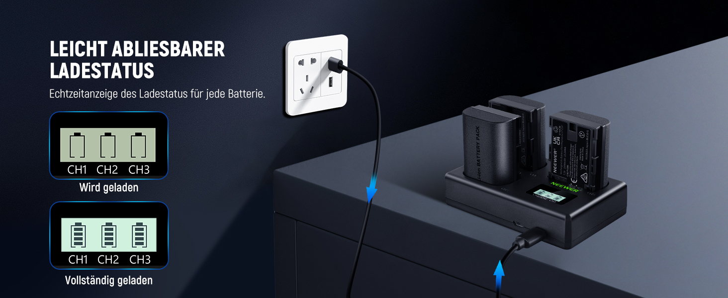 NEEWER LP-E6NH Запасний акумулятор та зарядний пристрій USB, 3 шт. 2250mAh для Canon EOS R7 R5 R6 R6 II R, 5DIV, 6DII, 7DII, 80D, 90D