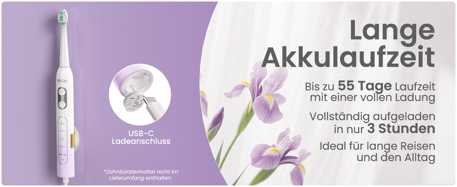 Електрична зубна щітка YUNCHI C2 з 40000 вібрацій на хвилину, звукова щітка для дорослих, зарядка USB-C, акумулятор на 55 днів, 5 режимів чищення, таймер 2 хвилини, 8 насадок, дорожній футляр, чорний (C2 фіолетовий та білий)