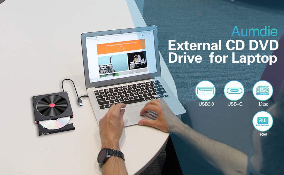 Зовнішній DVD-накопичувач та CD-привід USB 3.0 / USB-C, зовнішній DVD-записувач для ноутбука, ПК, Mac, Windows 11/10/8.1/7, Linux, чорний