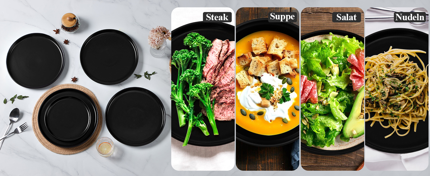 Набір посуду Joyfair на 6 осіб, 18 предметів: тарілки, миски, десертні тарілки, чорний колір, кераміка, для посудомийної машини та мікрохвильової печі