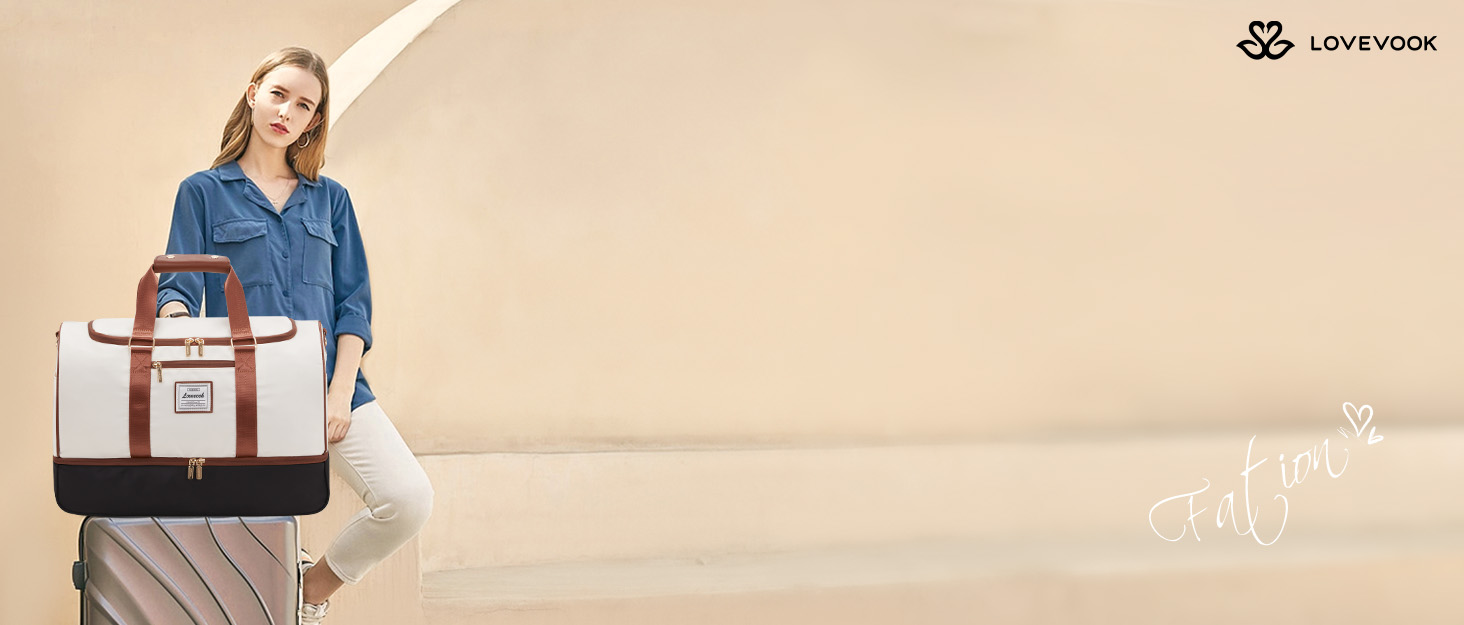 Сумка-мішок LOVEVOOK для подорожей, 37L, жіноча, для ручної поклажі, weekender, з органайзером для косметики, відділенням для взуття та вологонепроникним кишеням, водонепроникна спортивна сумка, пляжна сумка, для відпочинку, авіаперельотів, кемпінгу, M, Khaki-beige