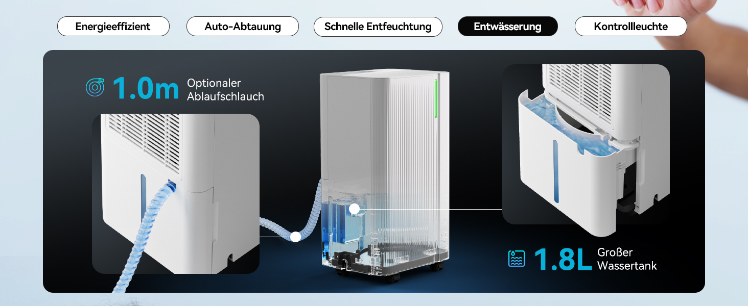 EUHOMY Електричний осушувач повітря 12л/24г, тихий та енергоефективний, з відведенням води, автоматичним розморожуванням, 3 режими, для квартири 25м²/122м³, спальні, підвалу