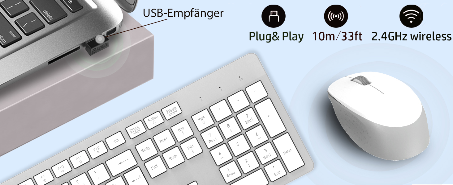 Бездротовий комплект клавіатури та миші Leadsail K786 з цифровою клавіатурою QWERTZ (німецька) - тиха клавіатура, 2.4 GHz, USB Nano приймач для ПК/ноутбука (сірий)