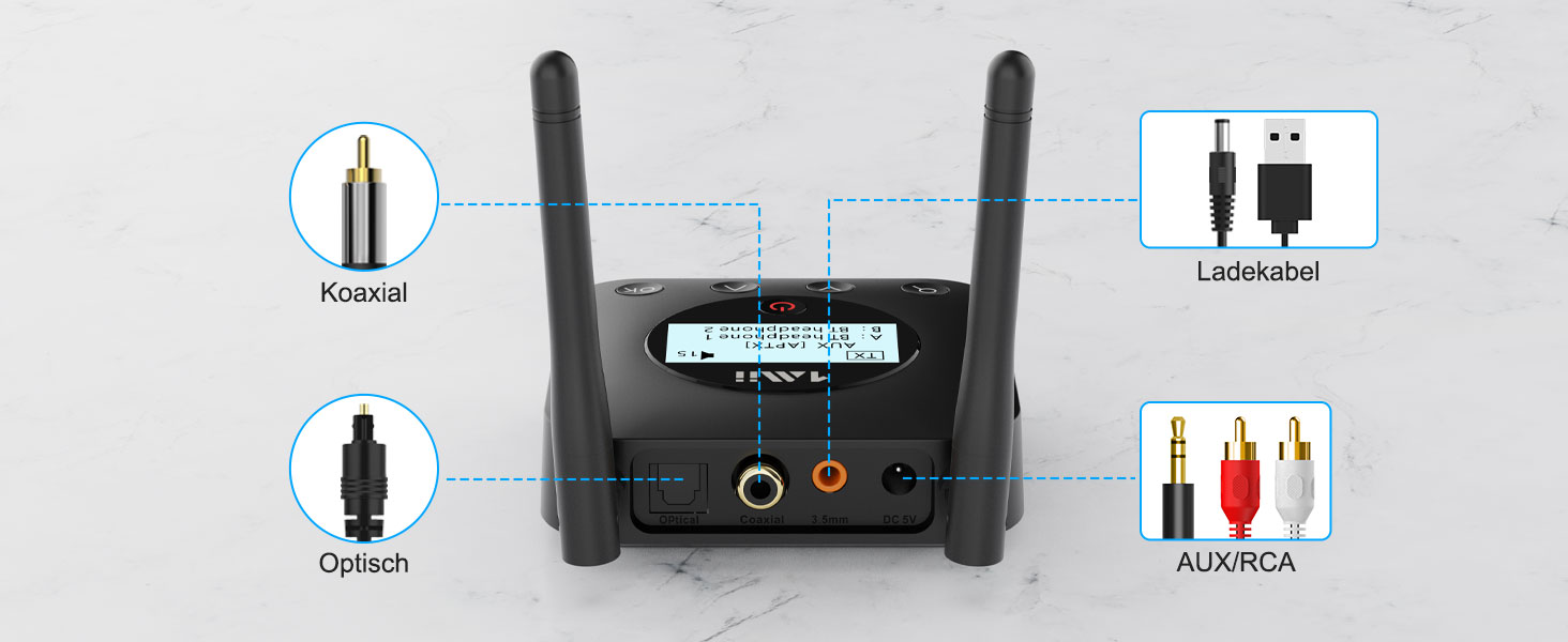 1Mii Bluetooth 5.2 Передавач для ТВ з aptX HD та низькою затримкою, велика дальність дії, аудіоадаптер для 2 навушників або динаміків, 3,5mm AUX/Оптичний/Коаксіальний вихід, регулювання гучності (B06TX+)