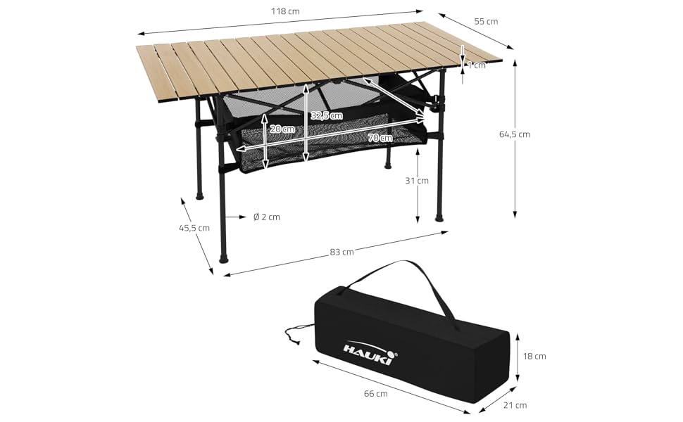 Стіл для кемпінгу Hauki, розкладний, коричневий, 118 x 55 x 64,5 см, алюмінієвий, з рулоючою стільницею, для відпочинку на природі, саду, балкону, подорожей, ринку, з сумкою (Бежевий (світле дерево))