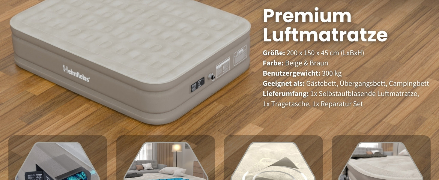 Надувний матрац самонадувний Heimfleiss® 150x200 см | Преміум якість | Для гостей та кемпінгу | З насосом (2 особи, Бежевий)