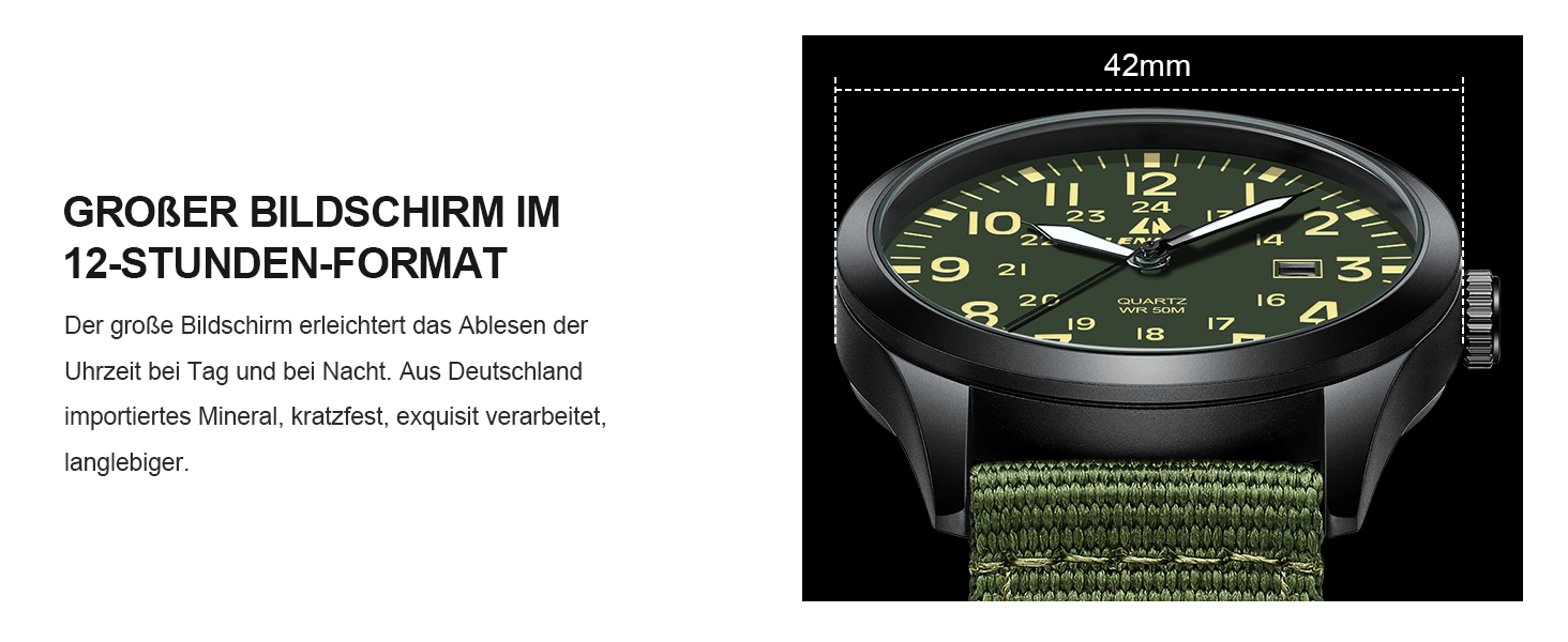 Годинник чоловічий LN LENQIN Military 30M водостійкий кварцовий годинник з датою на ремінці з нейлону, тактичний спортивний годинник для чоловіків (зелено-чорний)