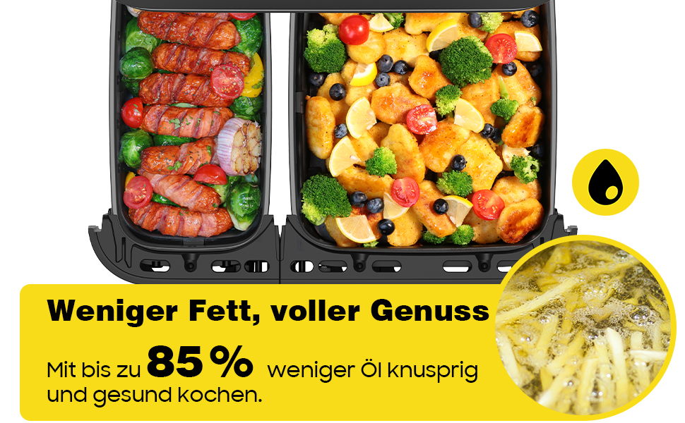 Фритюрниця повітряна подвійна 11л Airfryer, XXL фритюрниця з 2 кошиками, 7л/4л, для основного та гарніру одночасно, 2600W, 10 програм, сенсорний екран, нагадування про струшування