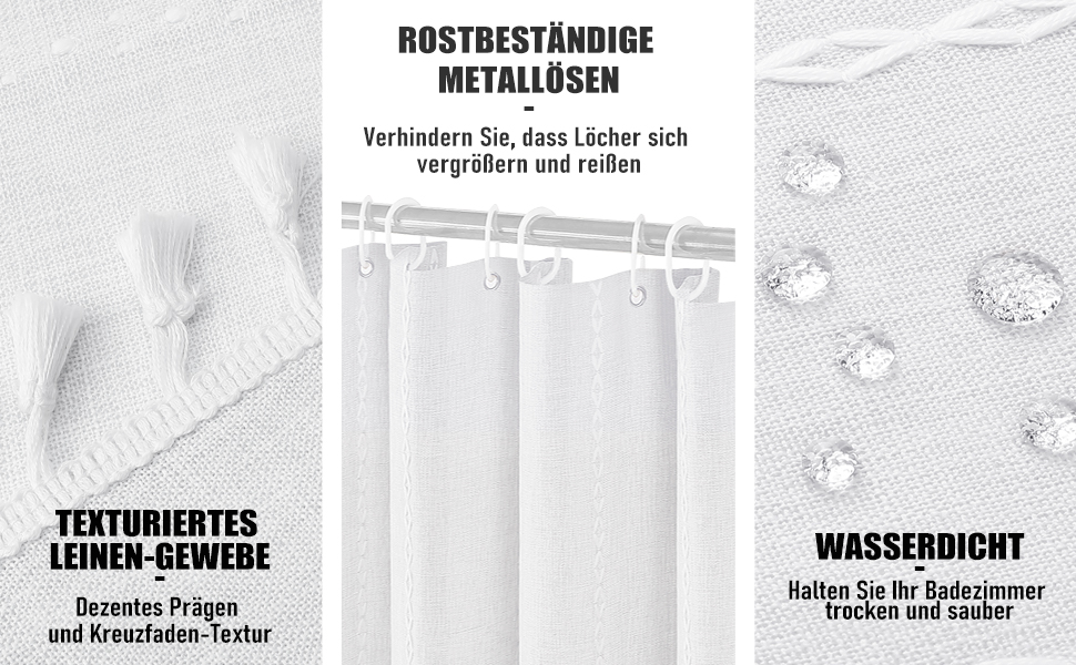 Тканинний душовий завіс BTTN 182 x 200 см, Бохо-фермерський стиль, з кистями, водовідштовхувальний, з вагою, 12 гачків, (Білий, смугастий)