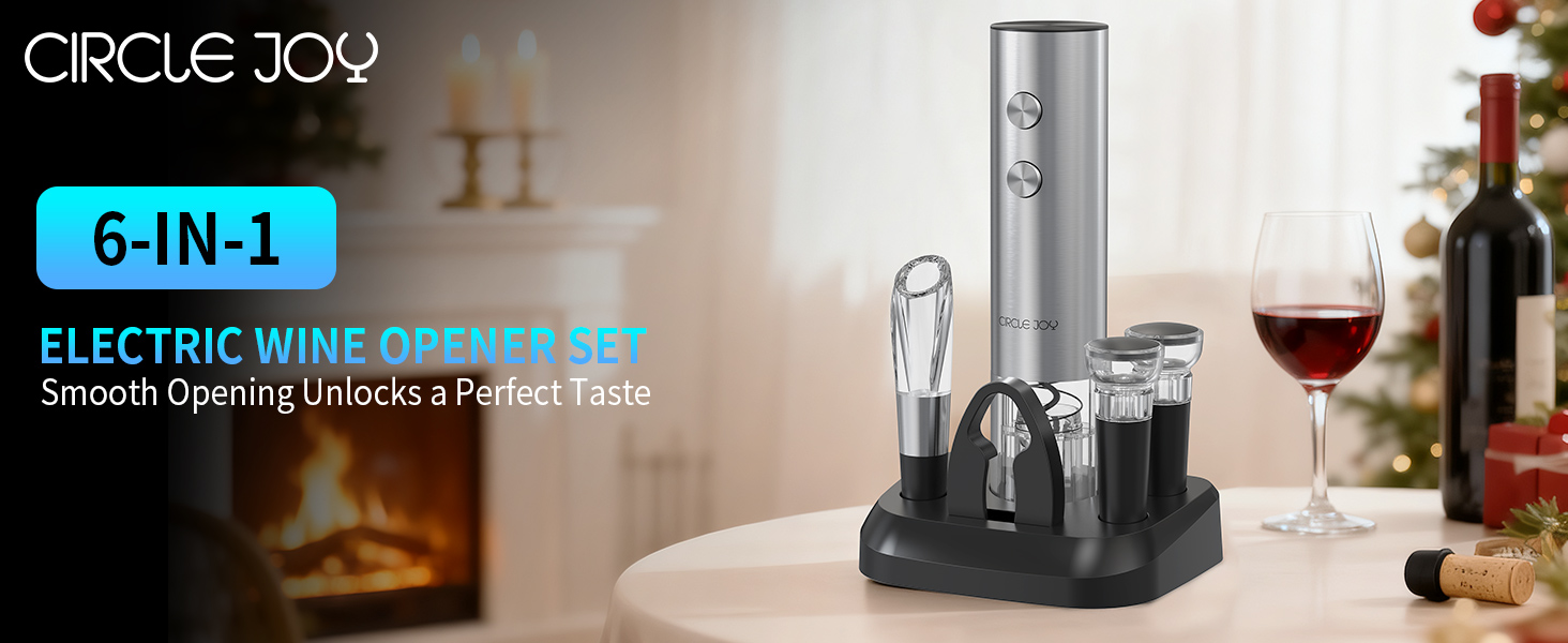 Електричний відкривачка вин CIRCLE JOY 6-в-1 з зарядною станцією, набір з нержавіючої сталі, з різаком фольги, аератором та 2 вакуумними закривачами
