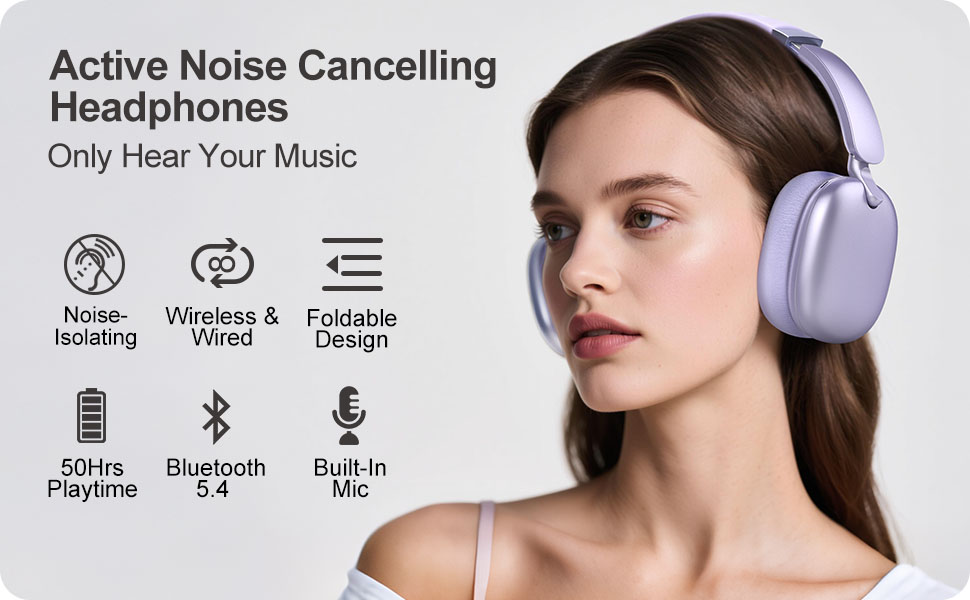 Бездротові накладні навушники C6 з активним шумозаглушенням (ANC), Bluetooth, 60 годин роботи, глибокий бас, з мікрофоном для ПК та iPad (фіолетові)