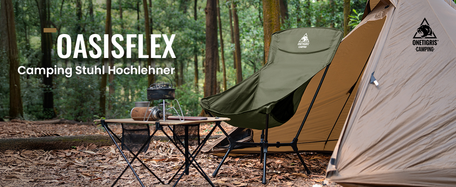 Кемпінговий стілець OneTigris OASISFLEX складний, високий, до 150 кг, зелений Ranger. Стілець для риболовлі, туризму з бічними кишенями