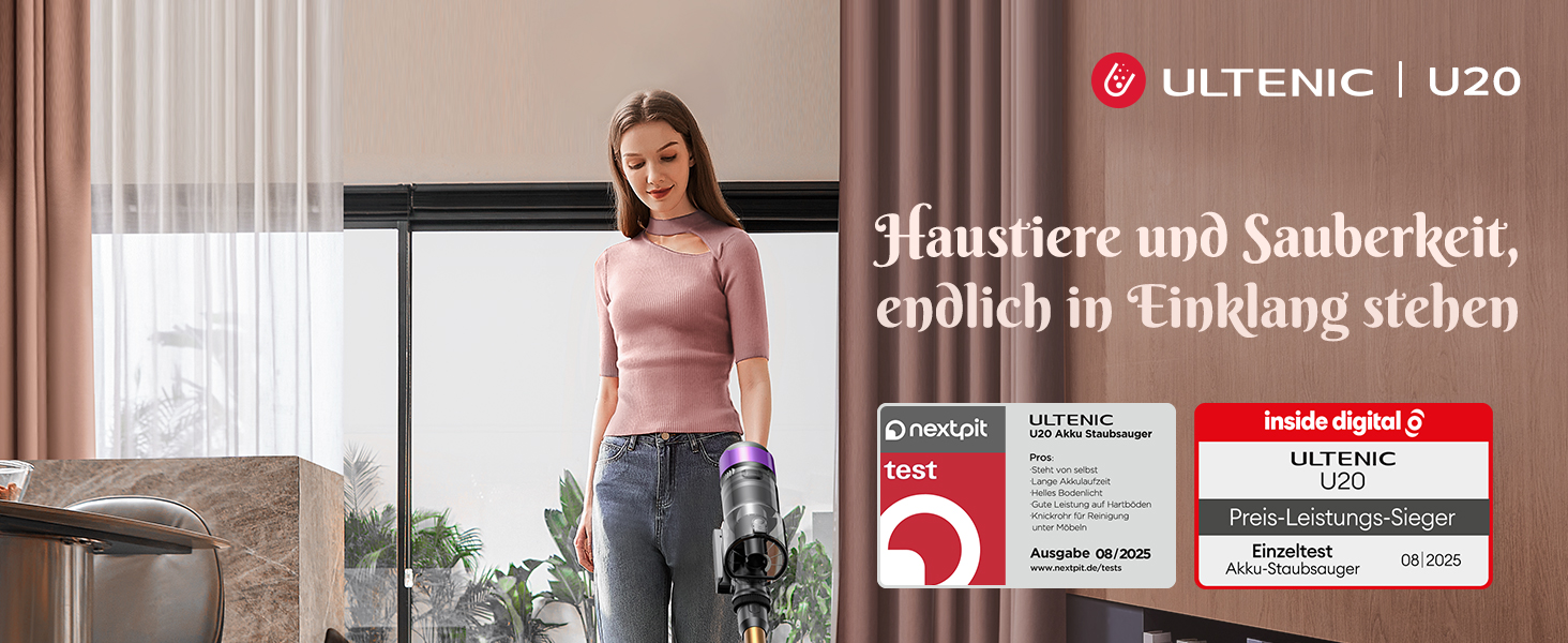 Бездротовий акумуляторний пилосос Ultenic U20, 55000Pa, 600W, 60 хвилин, GreenEye, Anti-Tangle, для твердих поверхонь, килимів, шерсті тварин