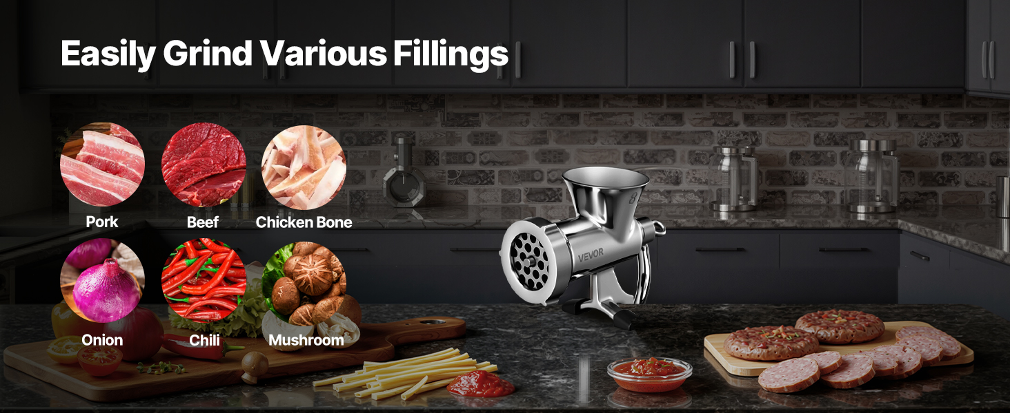 М'ясорубка ручна VEVOR з нержавіючої сталі 304, з присоскою для столу та насадками для ковбас (4.5/8 мм, 4 насадки)