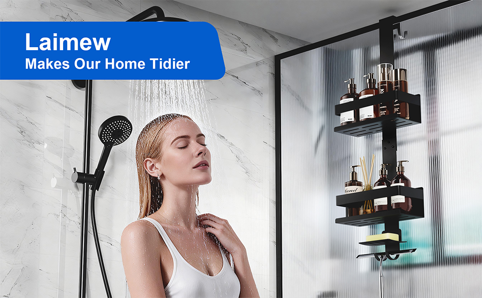 Поличка для душу без свердління, органайзер для ванної кімнати, чорна. Регульована поличка для шампуню та аксесуарів.