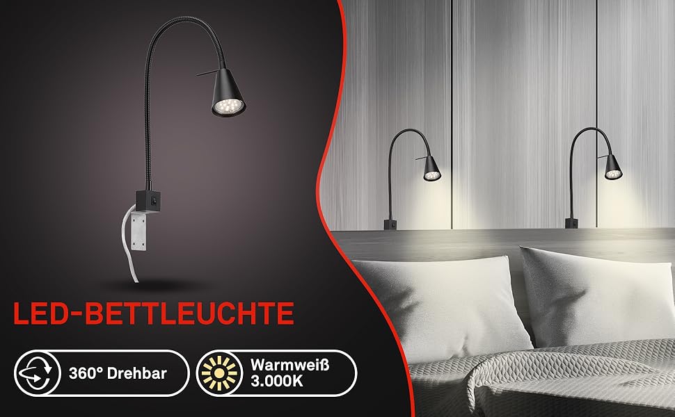 Світлодіодна настінна лампа Briloner з регульованим кріпленням, GU10 4.7W, 400lm, тепле біле світло, чорна. Лампа для читання, нічник, бра.