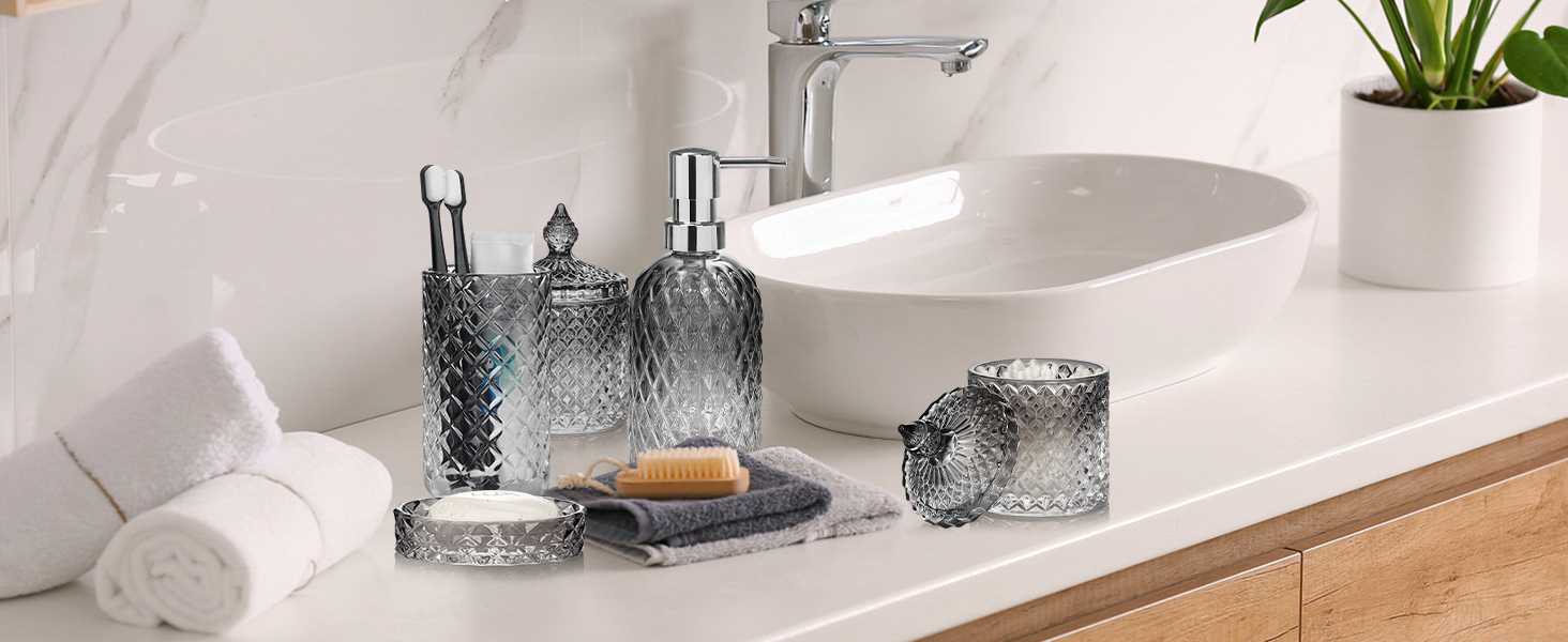 Набір аксесуарів для ванної кімнати зі скла (5 шт.) - чорний: мильниця, диспенсер для мила, тримач для зубних щіток, контейнер для ватних паличок, стакан