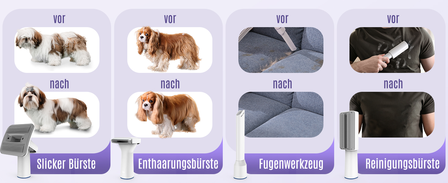 Пилсос для собак та котів Oneisall з турбощіткою, потужність 12000Pa, видаляє шерсть, 4 насадки, об'єм 1.5л, фіолетовий