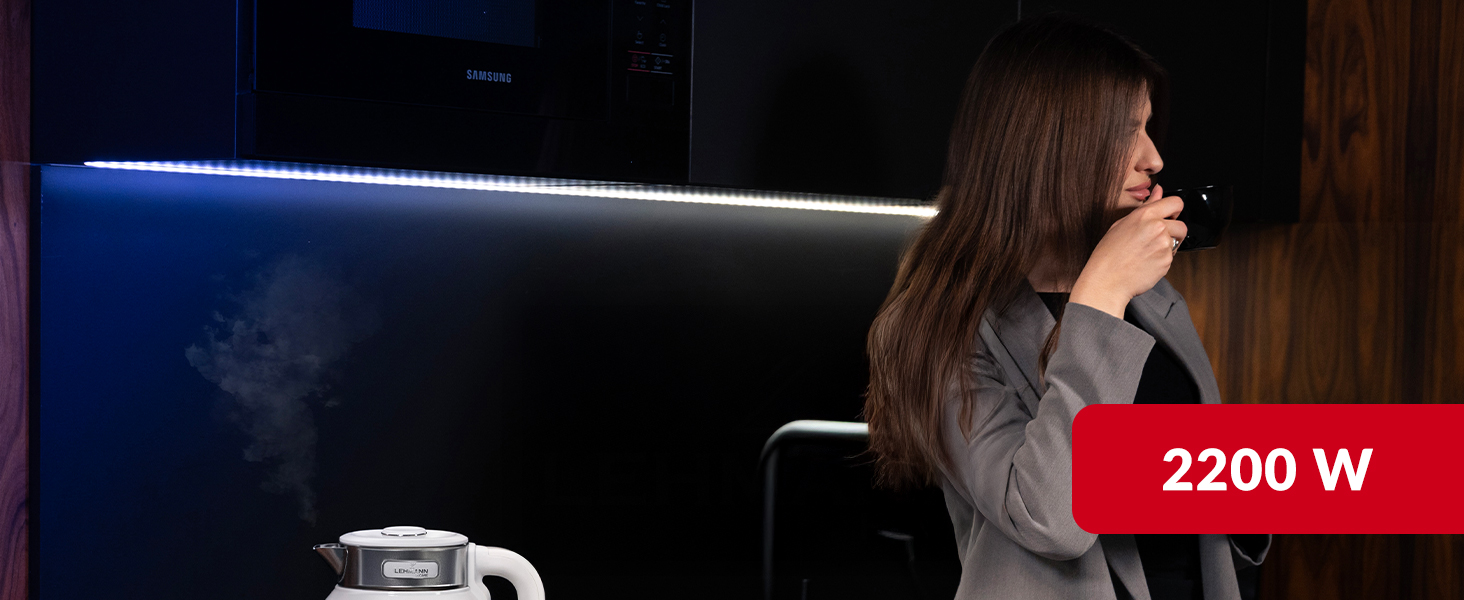 Електричний чайник LEHMANN з нержавіючої сталі 2L, 2200W, швидкий нагрів, подвійні стінки, автовимкнення та захист від перегріву, BPA-free, для великих сімей та офісів, білий