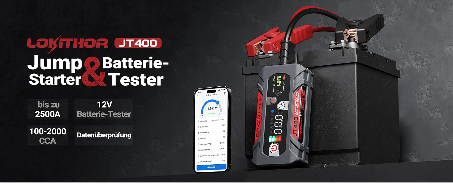 Пусковий пристрій (бустер) LOKITHOR JT400 Starter Powerbank 2500A з тестером акумулятора 100–2000 CCA
